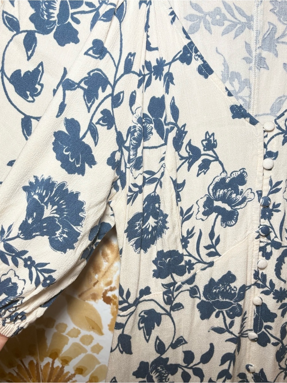 Lucky Blue & Ivory Floral Puff Sleeve Midi Dress Cottagecore Coastal Chic Boho - Picture 5 of 6